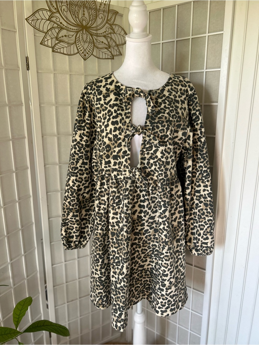BOHME Leopard Print Stretch Denim Babydoll Dress – Size Large